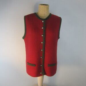 Vtg H Moser Women M / L Red Green Wool Sweater Vest Austria Pewter Buttons 40
